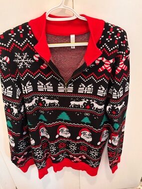 Festive Santa & Reindeer Holiday Sweater - Red, Black, White, Green